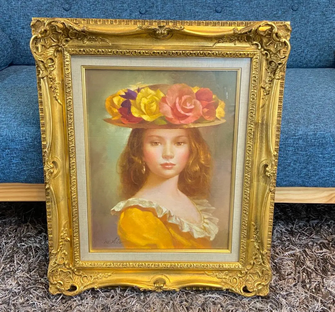 名古屋　中村区　進 徹　花飾りの帽子の女性　油彩　額付絵画　リサイクルショップ　買取　シンプー