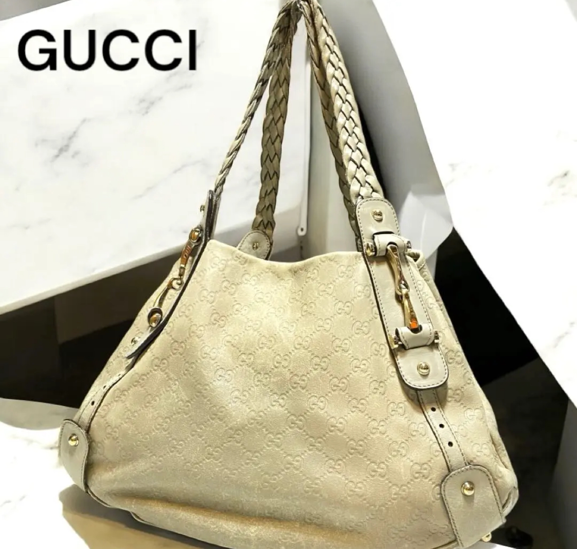名古屋　中村区　GUCCI グッチ　ハンドバッグ ベージュホワイト アイボリー シマ ホース　リサイクルショップ　買取　シンプー